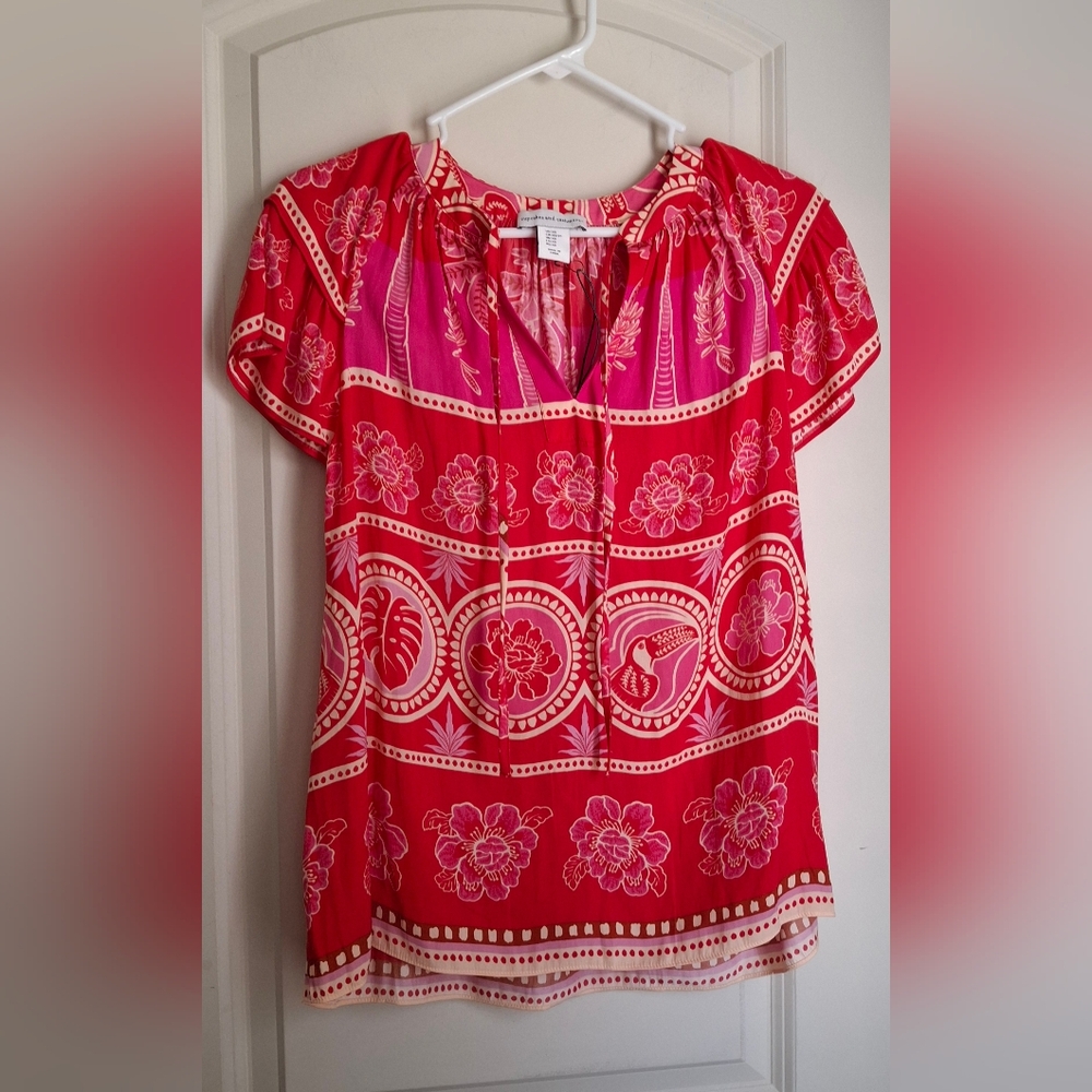 Cupcakes and Cashmere Pink and Red Top Sz XS Ruffle Sleeve Tropical Summer Casua